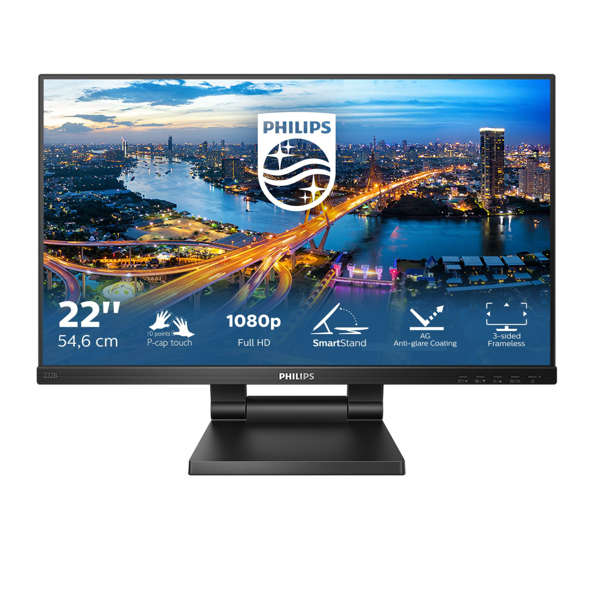 Монитор LCD 21.5'' 16:9 1920х1080(FHD) IPS, nonGLARE, TOUCH, 75 Hz, 250 cd/m2, H178°/V178°, 1000:1, 50М:1, 16.7M, 4ms, VGA, HDMI, DP, USB-Hub, Height adj, Tilt, Speakers, Black